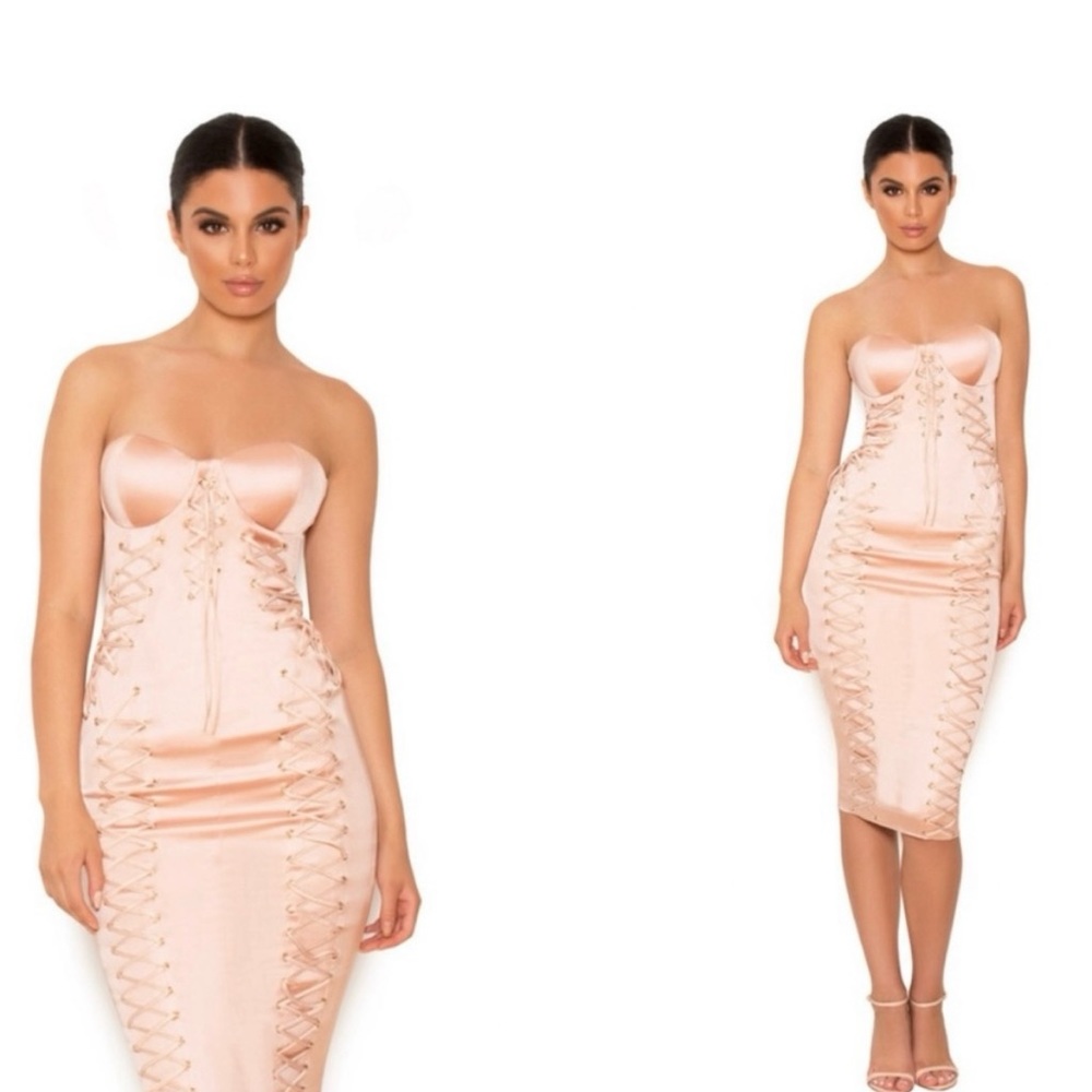 House Of CB ‘Artimedes' Nude Satin Strapless Bustier Dress